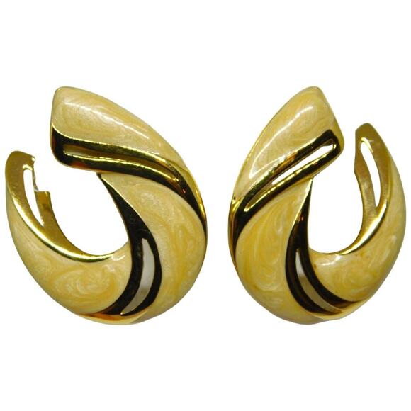 Napier Creamy Enamel Earrings Two Tone Pierced Retro Style Gold Tone - Picture 1 of 9